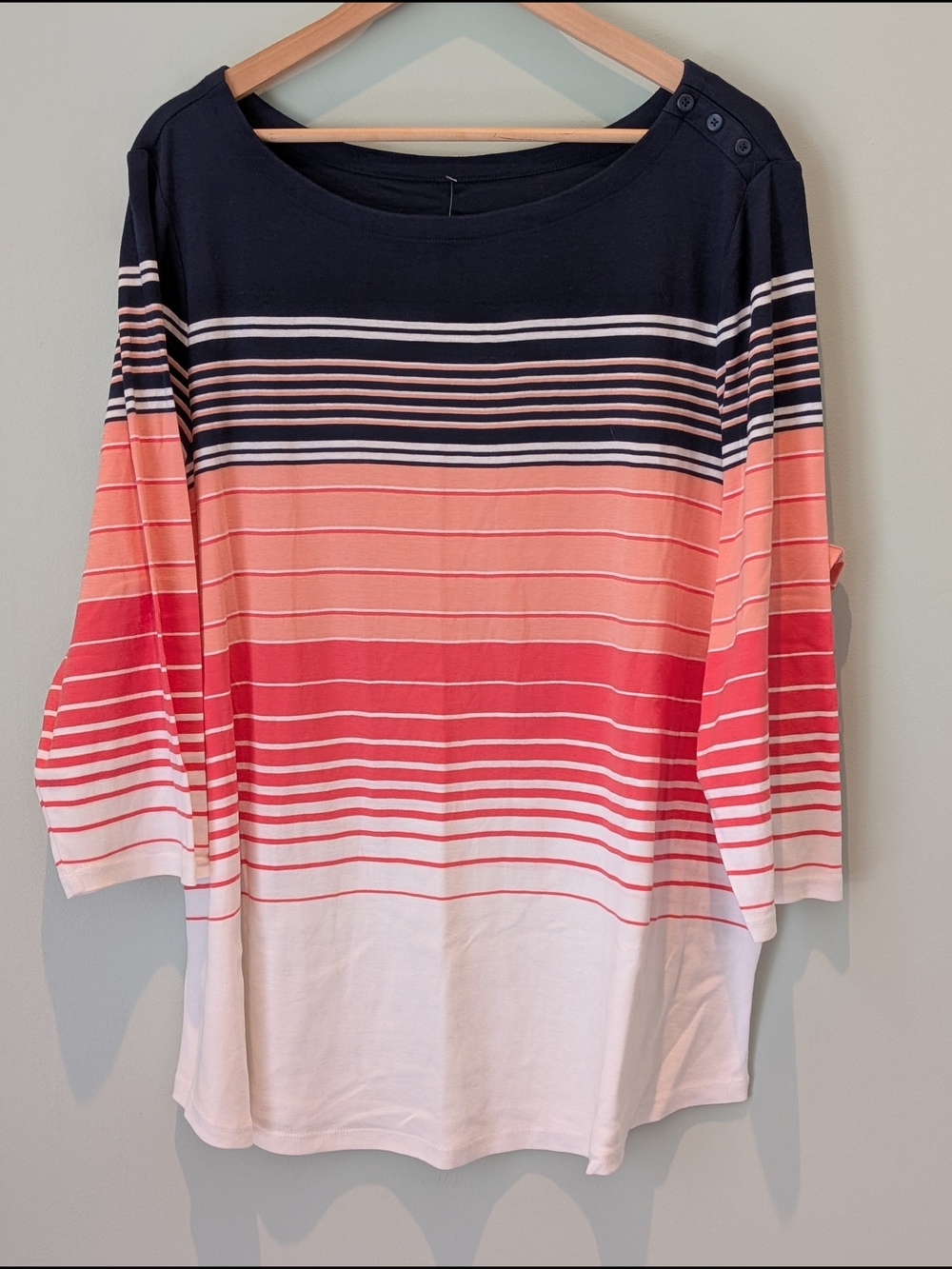 New! Striped Boatneck 3/4-Sleeve Top in Navy and Coral